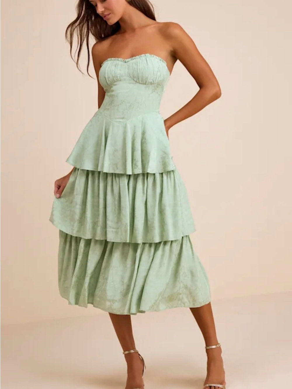Lulus Beverly Sage Green Jacquard Tiered Midi Dress